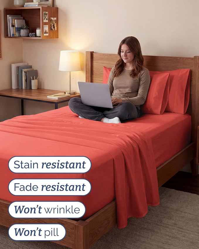 Extra Deep Twin XL Sheet Set - 4 Piece College Dorm Room - Coral | College Dorm Room Essentials, Easy & Secure Fit, Ultra-Soft, Wrinkle & Fade Free, Comfy Sheets Set with Extra Deep Pockets