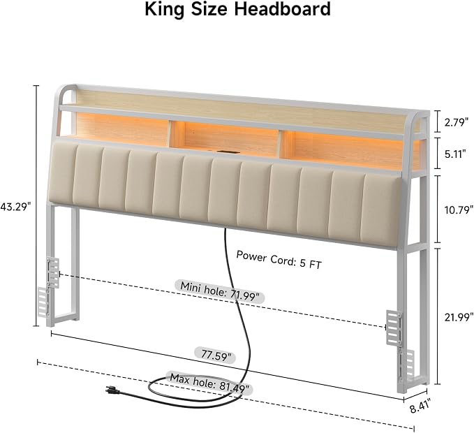 ComfyCorner King Size Headboard with Storage & LED Light, Off White | Upholstered Ergonomic Head Board with Power Outlets & 2-Tier Storage, King Headboard Only, Bed Frame Mounting, Heavy Duty