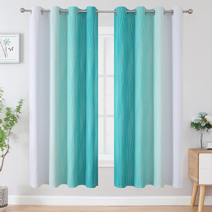 Teal and Grayish White Ombre Blackout Curtains for Living Room 72 Inch Long | Estelar Textiler Room Darkening Curtains for Bedroom,Thermal Insulated,Light Blocking Grommet Window Drapes,52Wx72L,2 Panels