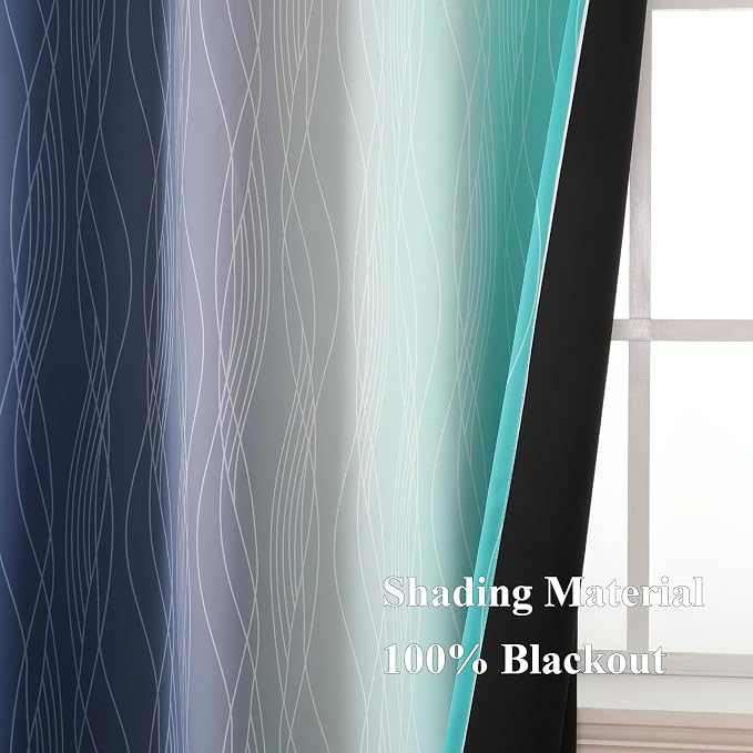 Navy Blue and Teal Gradient Blackout Curtains for Living Room 108 Inch Long | Estelar Textiler Ombre Curtains for Bedroom,Room Darkening Thermal Insulated Energy Saving Grommet Drapes,52Wx108L,2 Panels