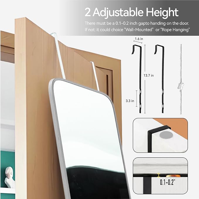 SCWF-GZ 47x14 Full Length Mirror Over the Door Hang or Wall Mounted Silver | HD Clear Tempered Glass,Aluminum Frame Rect Full Body Dressing Make-up Mirrors for Bedroom,Bathroom, Entryway,Living Room