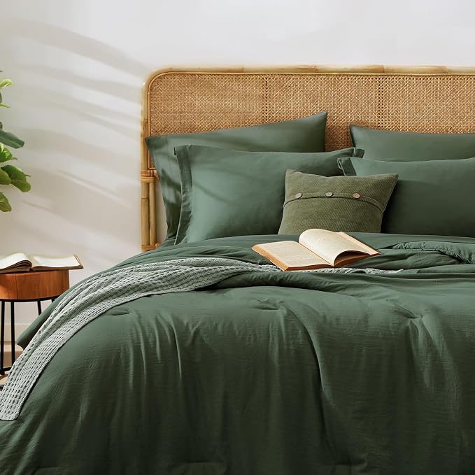 California King Size Comforter Set- 7 Pieces Bed in a Bag King Bedding Sets | Prewashed All Season Comforter with Sheets, Pillow Shams & Pillowcases,Deep Green