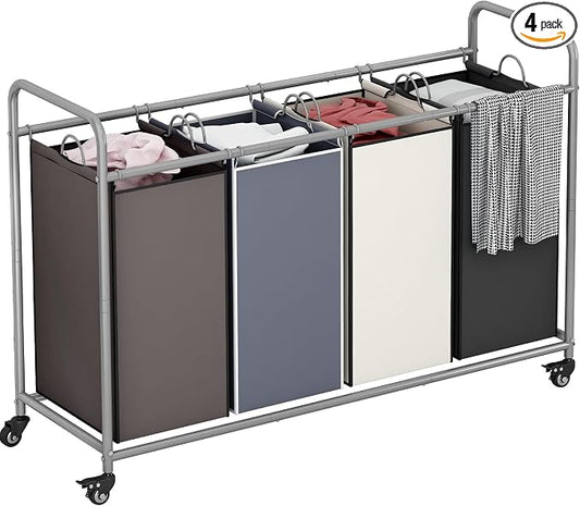 LINZINAR 4 Bags Laundry Hamper, Assorted Laundry Basket 180L Laundry Sorter | Laundry Room Organization with Heavy Duty Rolling Lockable Wheels and Removable Bag, Bedroom Laundry Cart for Clothes Storage