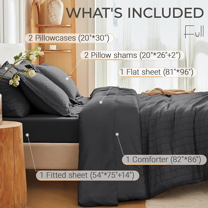 7 Pieces Full Comforter Set, Seersucker Bed in a Bag Full Size, All Season Luxury Bedding Set with Comforter, Flat Sheet, Fitted Sheet, Pillowcases & Shams, Dark Grey