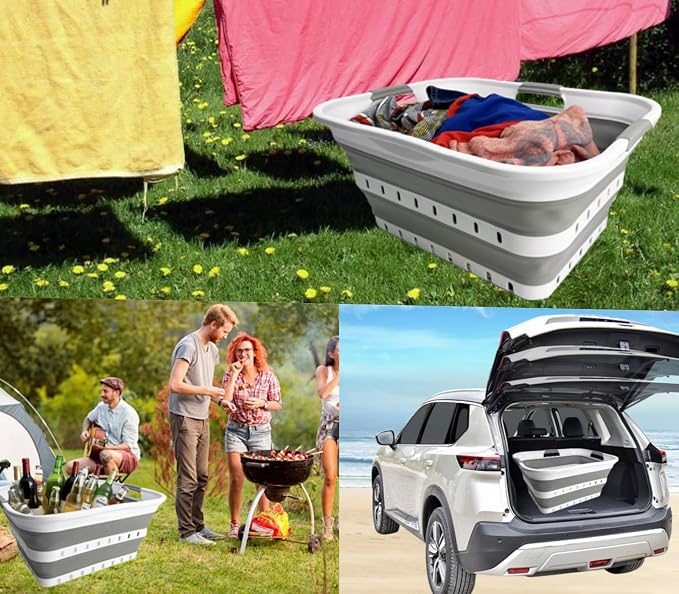 SAMMART 42L (11 gallon) Collapsible Plastic Laundry Basket - Foldable Pop Up Storage Container/Organizer - Space Saving Hamper/Basket (1, Grey/White)
