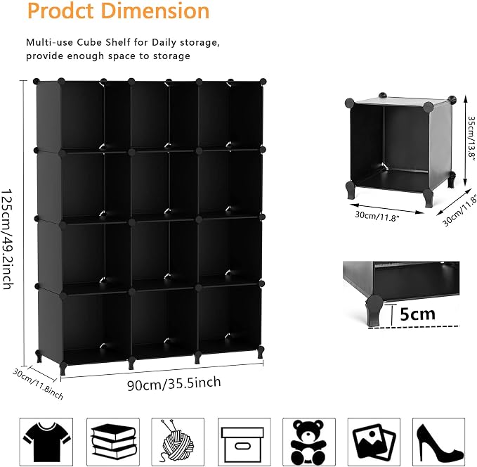 AWTATOS 12 Cube Storage Organizer, Closet Organizer Storage Shelves, Black | Portable Closet, DIY Stackable Storage Cubes Shelve, Plastic Clothes Organizer Shelving for Home, Bedroom