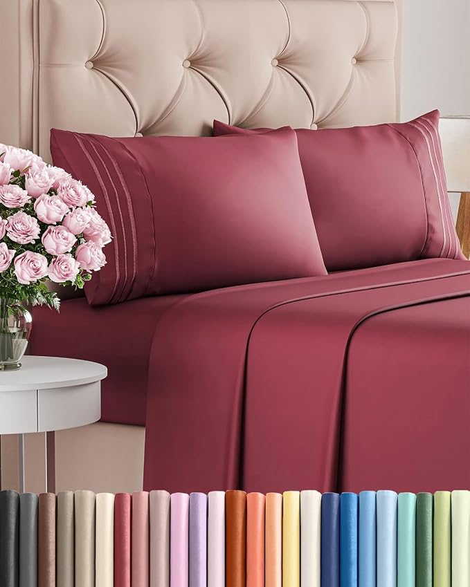 Queen Size 4 Piece Sheet Set - Comfy Breathable & Cooling Sheets - Burgundy | Hotel Luxury Bed Sheets for Women & Men, Deep Pockets, Easy-Fit, Extra Soft and Wrinkle Free Sheets, Oeko-Tex Bed Sheet Set