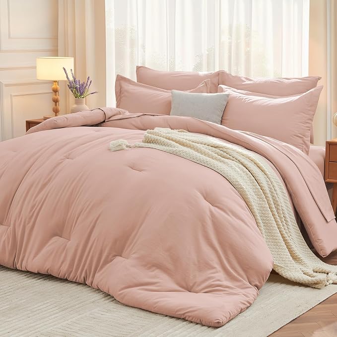 7 Pieces California King Comforter Set, Soft Bed in a Bag Cal King Size, All Season Bedding Set with Comforter, Flat Sheet, Fitted Sheet, Pillowcases & Shams, Rose Gold