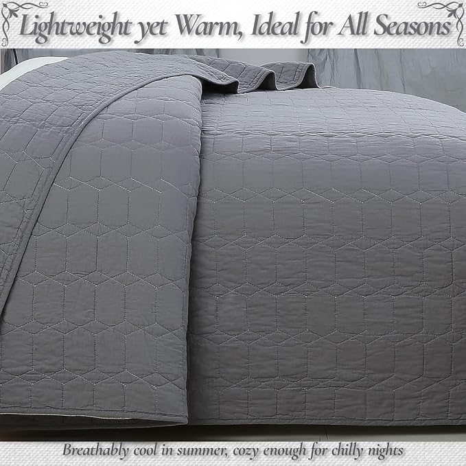 Cozy Line Home Fashions 100% Cotton Quilt Set – 3-Piece Charcoal Gray Solid Classic Modern Geometric Quilted Bedspread with Shams, Lightweight All Season Modern Bedding (Hexagon Gray, Queen)