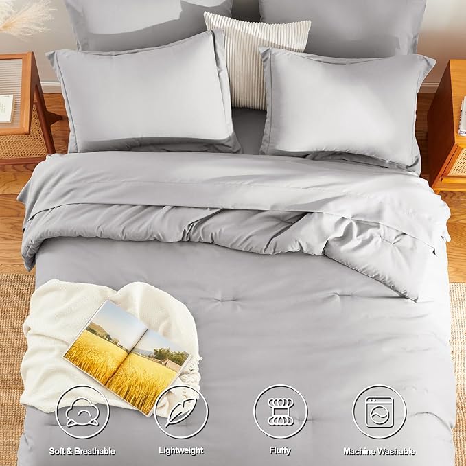 HIMEET King Comforter Set, 7-Piece Point-Quilted Bed in a Bag, French Grey | OEKO-TEX Certified, Lightweight 240 GSM Comforter, Flat Sheet, 14-Inch Deep-Pocket Fitted Sheet, Pillowcases & Shams