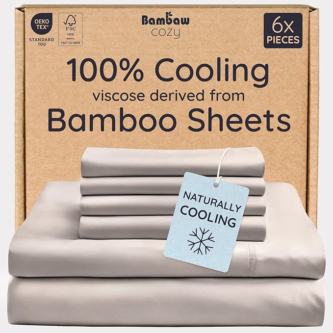 Bambaw 100% Viscose Derived from Bamboo Sheets Queen Size Set – 6pcs Cooling Queen Sheet Set, Deep Pocket Fits Up to 16'' with Elastic Corner Straps, Soft Sheets (Sand)