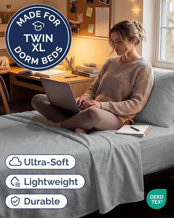 Twin XL 3 Piece Sheet Set - College Dorm Room Essentials - Heathered Grey | Deep Pocket Bed Sheets for Women, Men, Teens & Students, Soft, Cooling, Breathable & Wrinkle Free, Oeko-Tex Bed Sheet Set