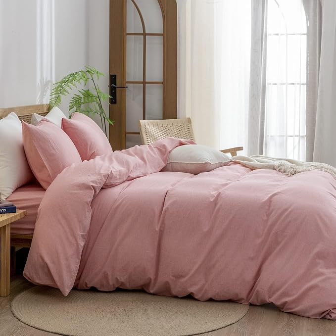 BESTOUCH Cotton Solid Duvet Cover Set Linen Feel Red Pink Alaska King | 100% Washed Cotton, Soft Wrinkle Texture, Hidden Zipper, 8 Ties, Breathable Lightweight Durable Comfy, 3 Pcs No Insert