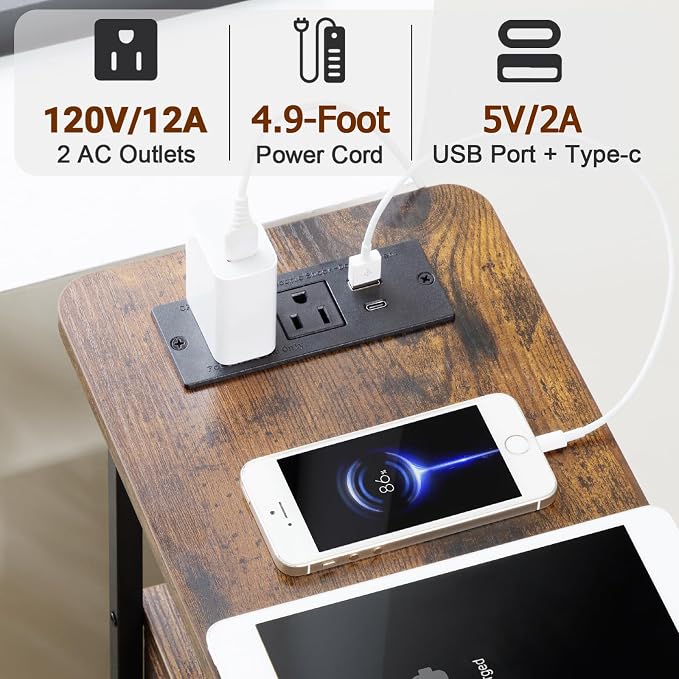 LOAKEKEL Narrow End Table with Charging Station, Small Nightstand | Skinny Side Tables Living Room with 2 Fabric Drawers, Slim Bedside Table with LED Lights for Bedroom, Small Spaces, Brown