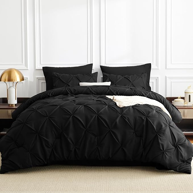 Twin XL Comforter Set Black, 5 Pieces Pintuck Bed in a Bag | College Dorm Essentials, OEKO-TEX 100 Certified, 240GSM All Season, Down-Alternative Comforter, Sheets, Pillowcase & Sham