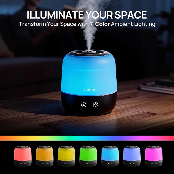 Clarston Humidifiers for Bedroom, 2L Cool Mist Humidifier, 24dB Quiet Sleep | 25H Runtime, Easy to Top Fill & Clean, Humidification for Baby Nursery & Plant, 360° Nozzle for Large Room, Nightlight,No BPA