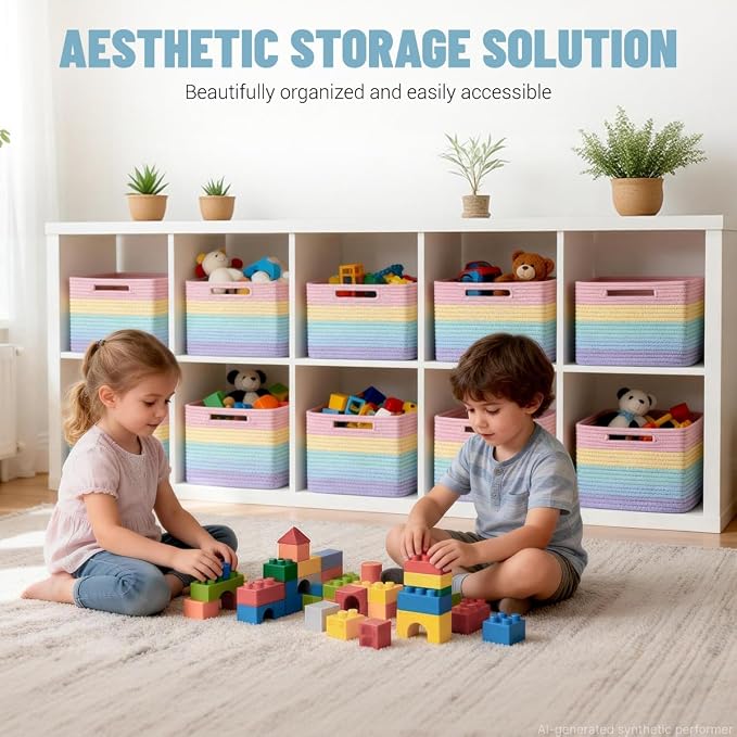 5 Pack Woven Storage Baskets, Decorative Storage Bins for Organizing | 13.8'' × 9.8'' × 7.9'', Cute Cotton Rope Basket Organizer for Closet, Shelves, bathroom, Nursery, Toys, Books, Rainbow