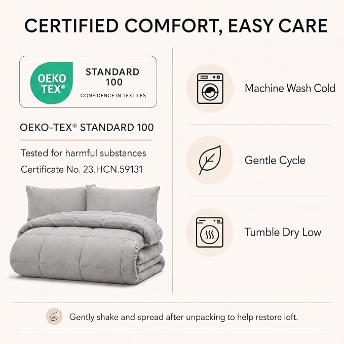 Twin XL Comforter Set French Grey - 5 Pieces Twin XL Bed in a Bag | College Dorm Essentials, OEKO-TEX Certified, All Season, Down-Alternative Comforter + Flat & Fitted Sheets + 2 Pillowcases