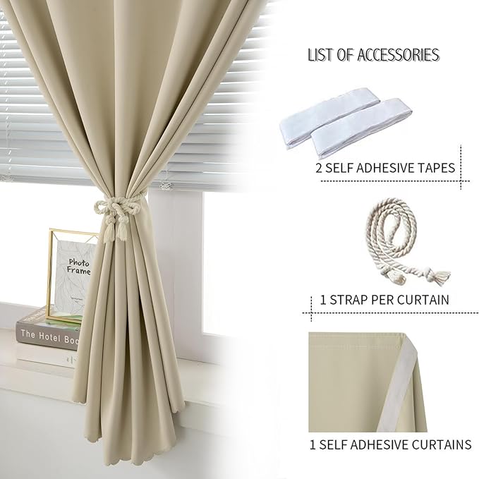 Room Darkening Curtains with Adhesive Backing Tool Free Hanging Window Drapes for Bedroom Kitchen Rental 70" W x 84" L Beige 1 Panel