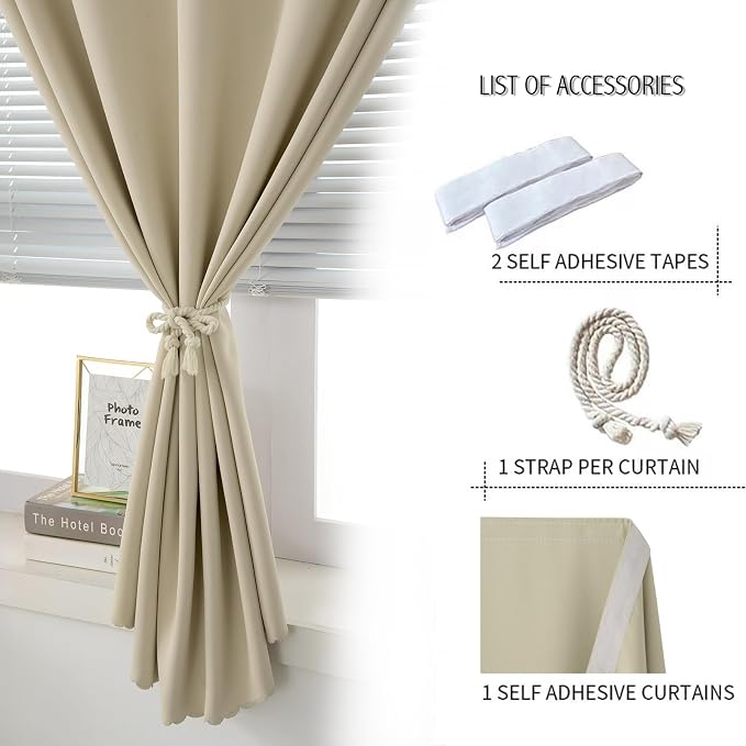 Self Adhesive Portable Blackout Curtains for Bedroom Easy to Install Window Thermal Lnsulated Kitchen Room Darkening Small Window Curtains, 47" W X 96" L, Beige, 1 Panel