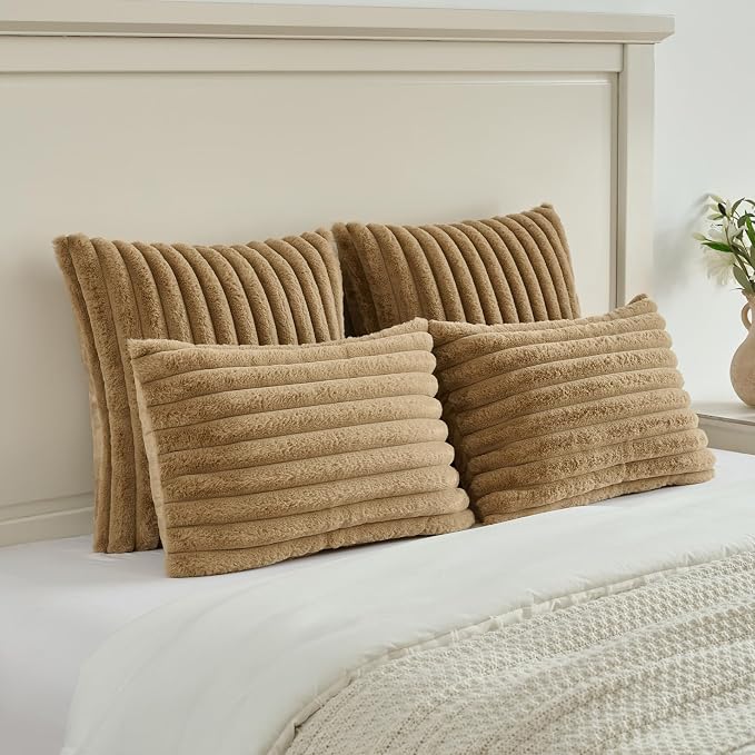 FUTEI Pack of 2 Faux Fur Throw Pillow Covers 28x28 Inch, Camel | Fluffy Faux Rabbit Fur Front/Premium Velvet Back,Hidden Zipper,Machine Washable,Non-Shedding,Colorfast,Insert Not Included.