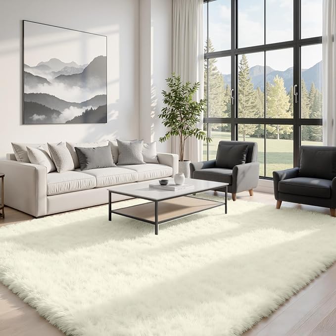 5x8 Fluffy Shag Area Rugs for Living Room Bedroom: Soft Carpet Cream White | Upgraded Non-Slip Thick Memory Foam, Ultra Soft, Non-Shedding Fuzzy Carpet, Easy Clean Decor for Kids Room, Nursery, Playroom