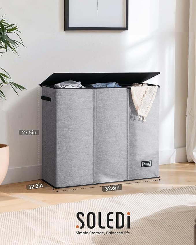 SOLEDI Large Laundry hamper 3 Section with Laundry Bag, XL Clothes Basket | 3-Section Large capacity Laundry Sorter with Odor-Blocking Lid, Robust Iron Frame & Waterproof 600D Fabric, 3 Washable Bags