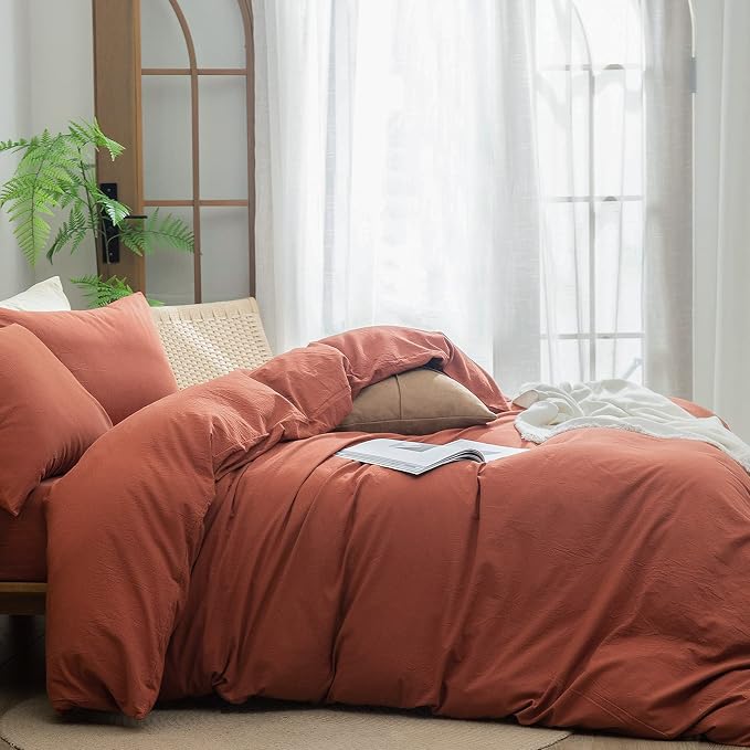 BESTOUCH Cotton Solid Duvet Cover Set Linen Feel Crimson Red King | 100% Washed Cotton, Soft Wrinkle Texture, Hidden Zipper, 8 Ties, Breathable Lightweight Durable Comfy, 3 Pcs No Insert