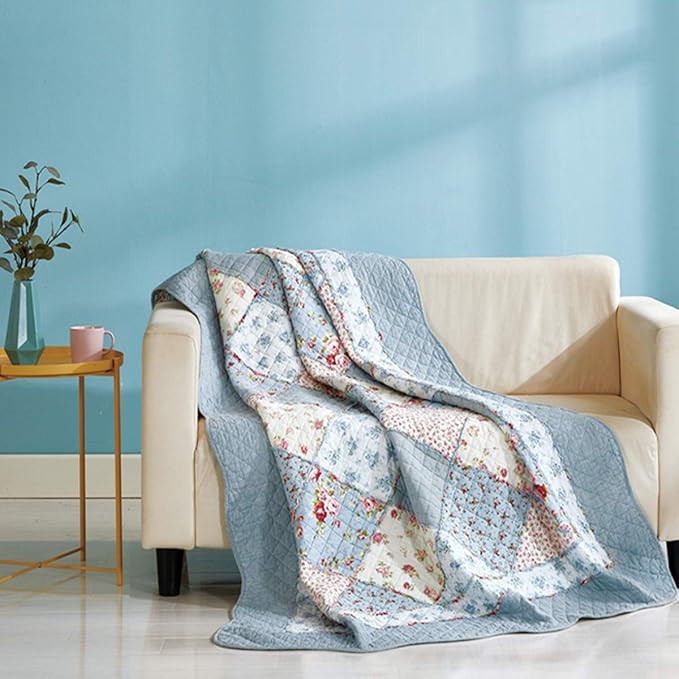 Cozyholy Original 100% Cotton Quilt Twin Size Blue Floral Patchwork Quilts, Lightweight Reversible Bedspread Quilted Throw Blanket, Vintage Shabby Chic Cottage Bedding Coverlet for Bed Couch Sofa