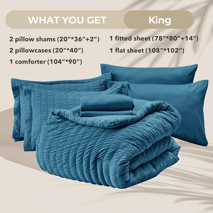 HYMOKEGE Teal King Size Comforter Set Seersucker 7 Pieces, All Season Luxury Bed in a Bag for Bedroom, Bedding Set with Comforters, Sheets, Pillowcases & Shams