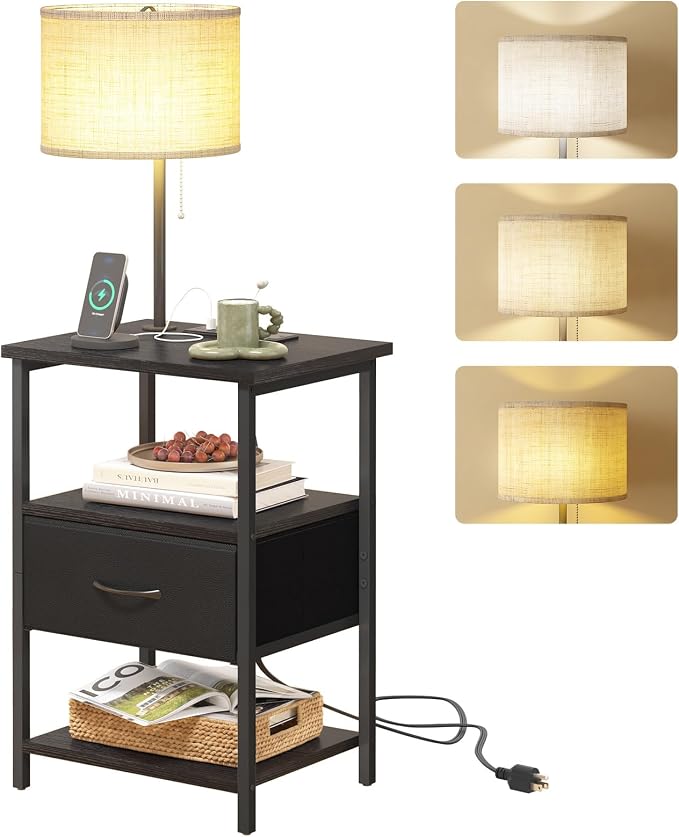 Fixwal Nightstand with LED Lights Bedside Table with 3 Color Temperatures Bulb, NightStand with Charging Station End Table with Adjustable Fabric Drawer for Bedroom Dorm, Black