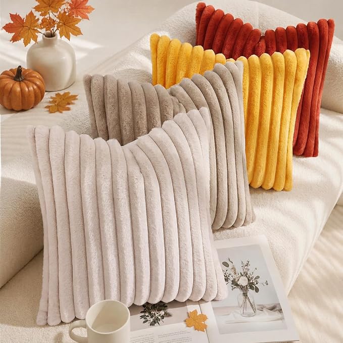 decorUhome Fall Faux Fur Throw Pillow Covers 16x16 Set of 2 Rust | Decorative Soft Cozy Striped Plush Modern Farmhouse Boho Couch Pillow Cases Velvet Back for Sofa Bed Living Room Home Decor