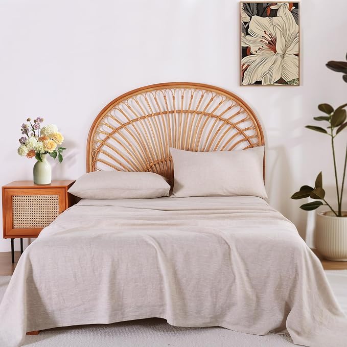 100% Linen Sheets Set King Size, Natural Pure Flax 4 Piece Bed Sets, 16" Deep Pocket, Breathable Cooling Bed Soft Durable Bedding, Machine Washable (Linen,King)