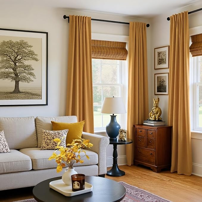 INOVADAY 100% Blackout Linen Curtains for Bedroom 50x108 Dijon Mustard | Linen Textured, Light Blocking, Room Darkening, Thermal Insulated, Back Tab Top, Window Curtains for Living Room, 2 Panels
