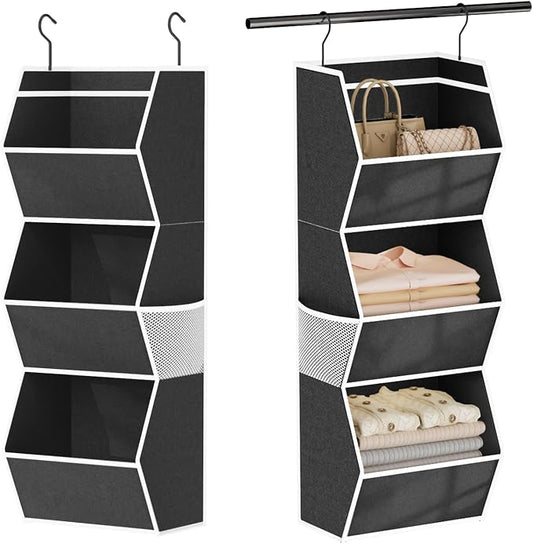 Hanging Closet Organizer Collapsible Bedroom Closet Organization, 3 Shelf | Closet Organizers and Storage Hanging with Mesh Pocket for Clothes, Closet Hanging Organizers and Storage for Wardrobe, Black