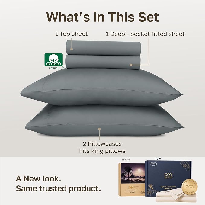 California Design Den 100% Egyptian Cotton California King Sheet Sets, Grey | Backed by Good Housekeeping Seal, Light & Airy Soft Sateen, 16" Deep Pocket, All-Around Elastic, Durable, Easy Care 4pc Set