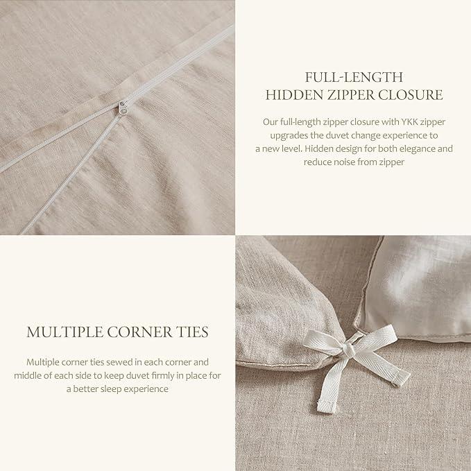 DAPU 100% French Linen Duvet Cover 3Pcs Set, 170GSM Linen Bedding, King | Soft Breathable All-Season for Hot sleepers, Corner Ties & Zipper Closure, French Linen Flax from Normandy, Natural Linen