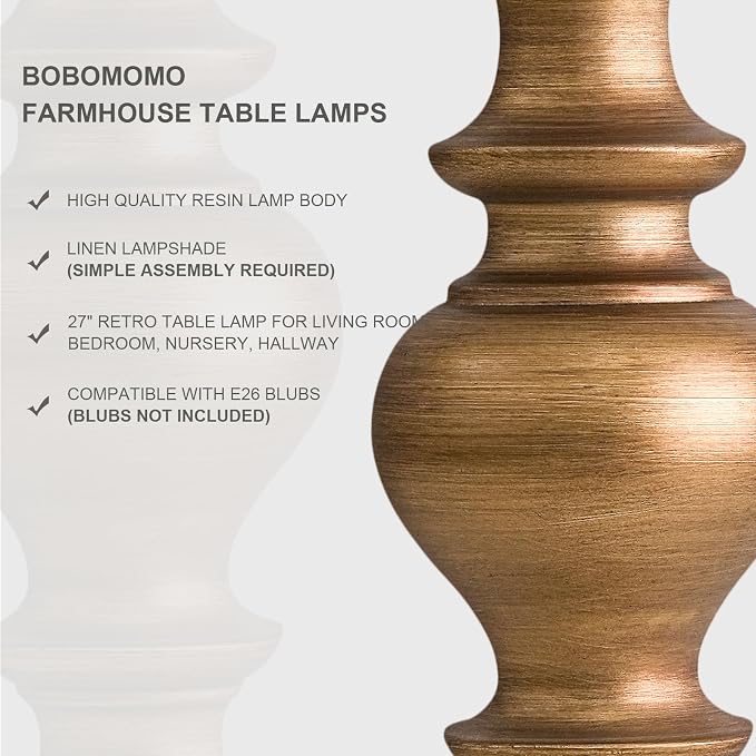 BOBOMOMO 27" Antique Gold Table Lamps Set of 2, Elegant Large Resin Lamps with Linen Shades, Gold Traditional Lamps for Bedroom, Living Room, or Console Table, Classic Vintage Décor