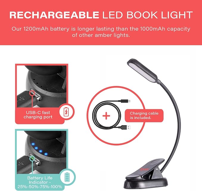 hooga Amber Book Light – Blue Light Blocking Reading Light for Bed, Stepless Dimming, Rechargeable Clip-On Night Light, 1600K Amber & 625nm Red LED for Night Reading