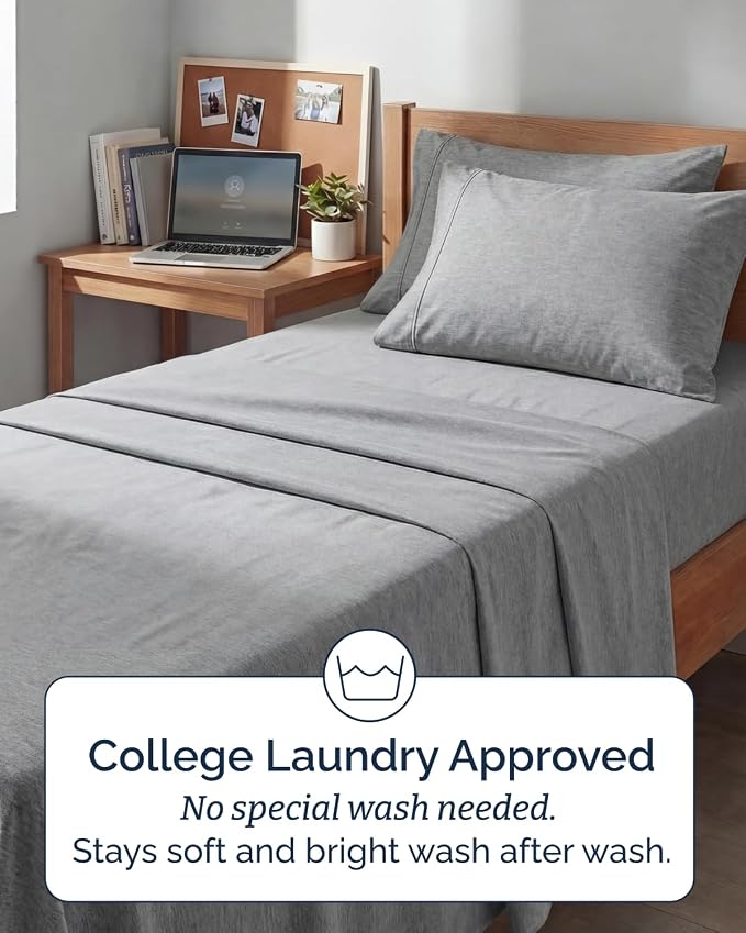 Extra Deep Twin XL Sheet Set - 4 Piece College Dorm Room - Heathered Grey | College Dorm Room Essentials, Easy & Secure Fit, Ultra-Soft, Wrinkle & Fade Free, Comfy Sheets Set with Extra Deep Pockets