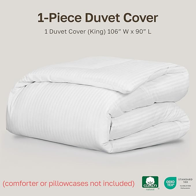 California Design Den Cotton Sateen Soft Duvet Cover King, Striped White | Duvet Cover Only, Comforter Not Included, Backed by Good Housekeeping Seal, Button Closure & Corner Ties