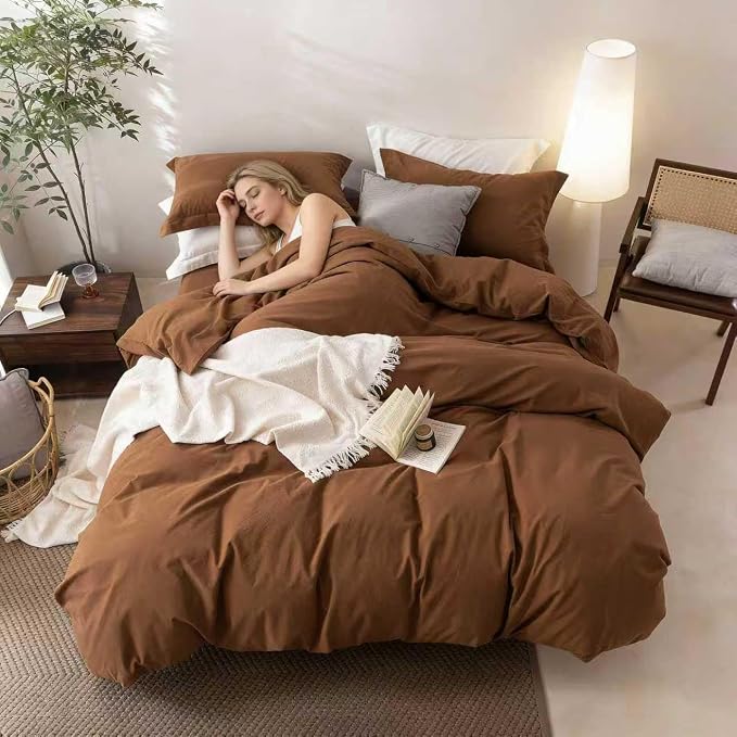 BDEAR 3Pcs Dark Orange Duvet Cover Oversized Queen Size 98" L x 98" W | 100% Washed Cotton, 1 Duvet Cover with 2 Pillowcases, Zipper Closure, OEKO TEX Standard,8 Corner Ties,Linen-Liked Texture