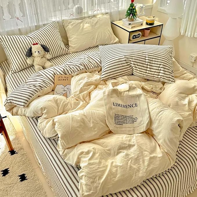 Nayoroom Striped Duvet Cover Queen Size Brown Stripe Reversible Yellow Duvet Cover Aesthetic Dorm Bedding Set 3 Pieces Soft Microfiber Farmhouse Bedding Set Gifts for Women Men