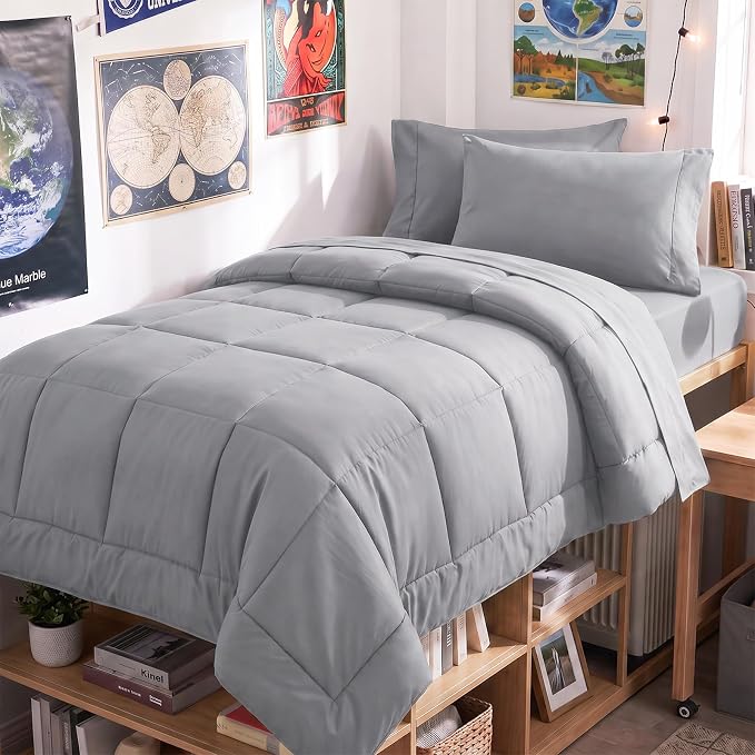 Twin XL Comforter Set Grey - 5 Pieces Twin XL Bed in a Bag | College Dorm Essentials, OEKO-TEX Certified, All Season, Down-Alternative Comforter + Flat & Fitted Sheets + 2 Pillowcases