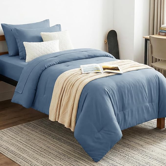 Twin Comforter Grayish Blue, 5 Pieces Bed in a Bag | College Dorm Essentials, OEKO-TEX Certified, 240GSM Down Alternative Comforter, Flat & Fitted Sheets, Pillowcase & Sham