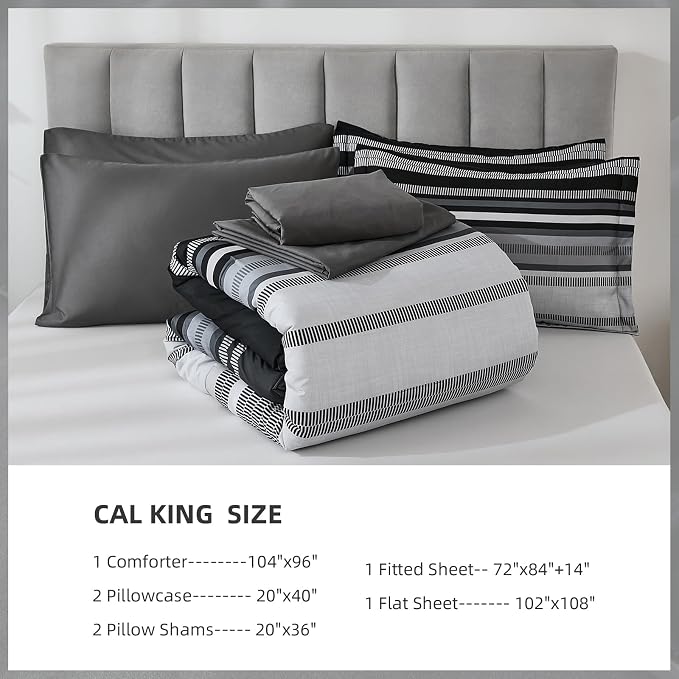 Dobuyly Black Comforter California King Size 7 Piece, Boho Striped Black and Grey Bed in a Bag Set Soft Microfiber Bedding Set with Comforter, Sheets, Pillowcases & Shams All Season