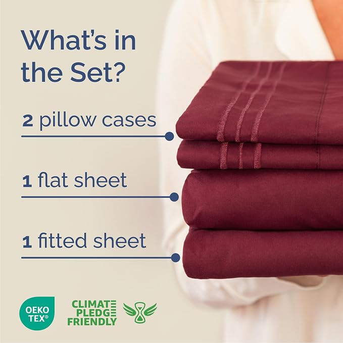 Queen Size 4 Piece Sheet Set - Comfy Breathable & Cooling Sheets - Burgundy | Hotel Luxury Bed Sheets for Women & Men, Deep Pockets, Easy-Fit, Extra Soft and Wrinkle Free Sheets, Oeko-Tex Bed Sheet Set