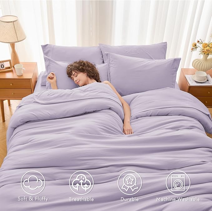 5 Pieces Twin Comforter Set, Soft Bed in a Bag Twin Size, All Season Bedding Set with Comforter, Flat Sheet, Fitted Sheet, Pillowcases & Shams, Lavender