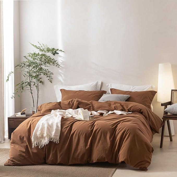 BDEAR 3Pcs Dark Orange Duvet Cover Super Queen Size 98" L x 90" W | 100% Washed Cotton, 1 Duvet Cover with 2 Pillowcases, Zipper Closure, OEKO TEX Standard,8 Corner Ties,Linen-Liked Texture