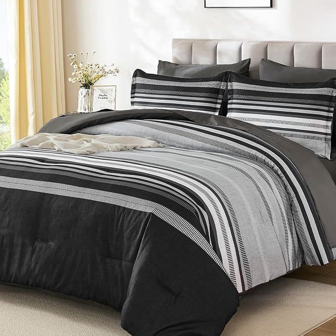 Dobuyly Grey Comforter Set King Size 7 Piece, Boho Striped Bed in a Bag King Soft Microfiber Dark Gray Bedding Sets with Comforter, Sheets, Pillowcases & Shams All Season